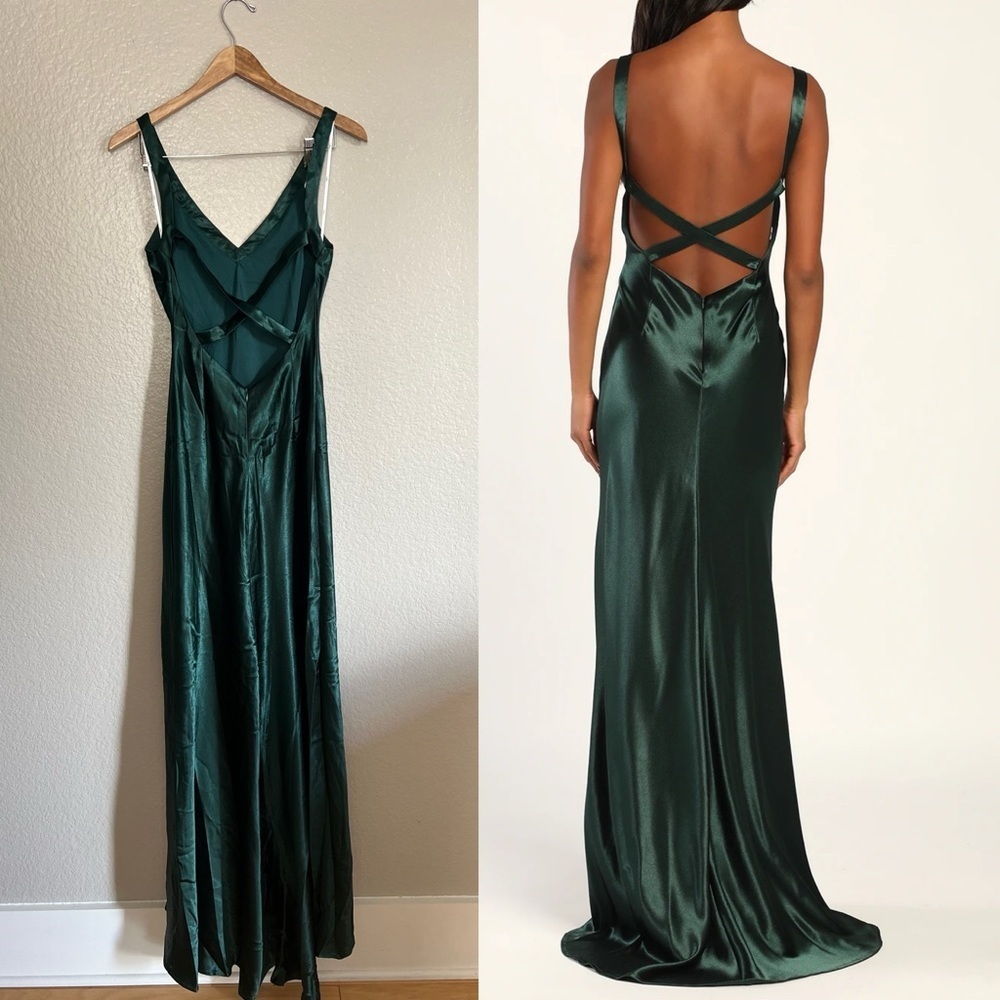 Lulu's Emerald Green Satin Backless Prom Dress